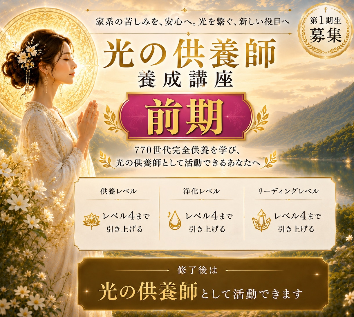 光の供養師【前期講座】を養成します ご先祖様770世代完全供養セッションを伝授いたします イメージ1