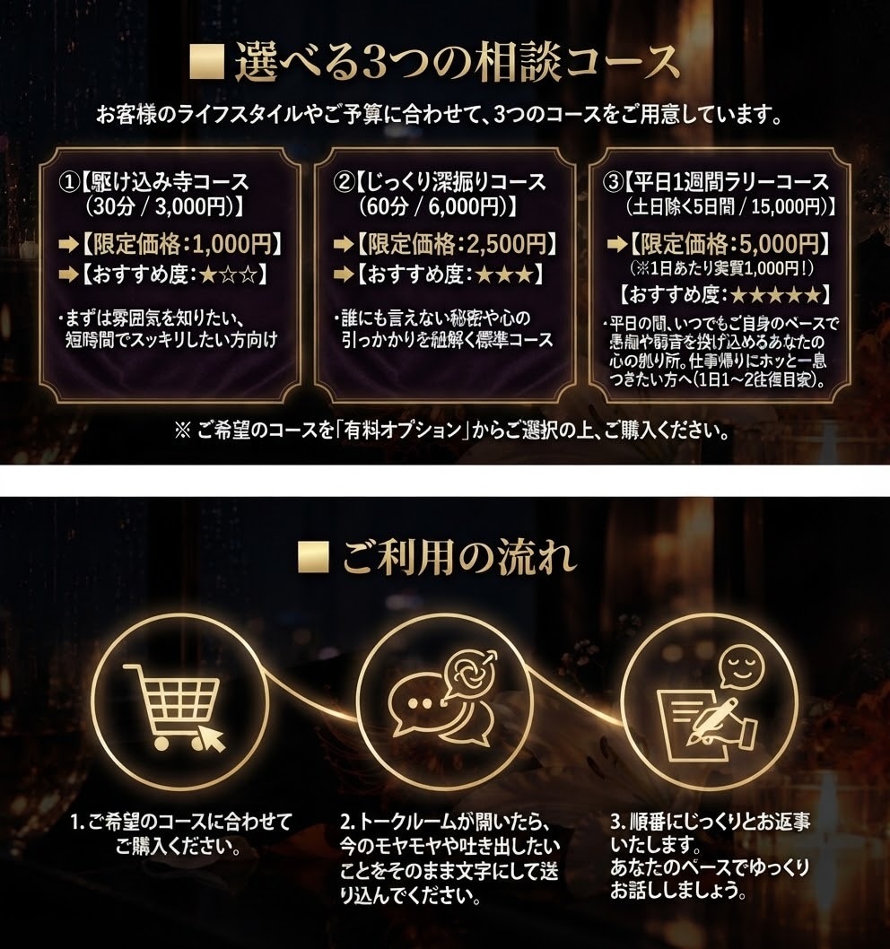 人間関係の愚痴や話し。モヤモヤ、本音を受け止めます 戦場に疲れた大人へあなたの裏側や欲望、悩みを聞かせください イメージ3