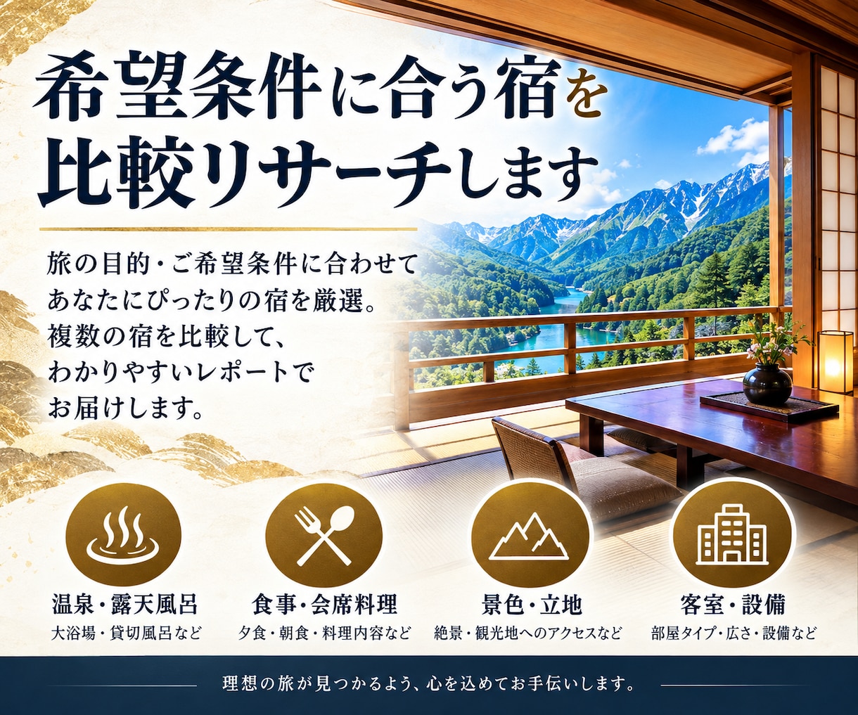 条件に合うホテル・旅館を徹底リサーチ＆比較します 温泉・料理・料金まで徹底調査！ホテル・旅館を比較します イメージ1