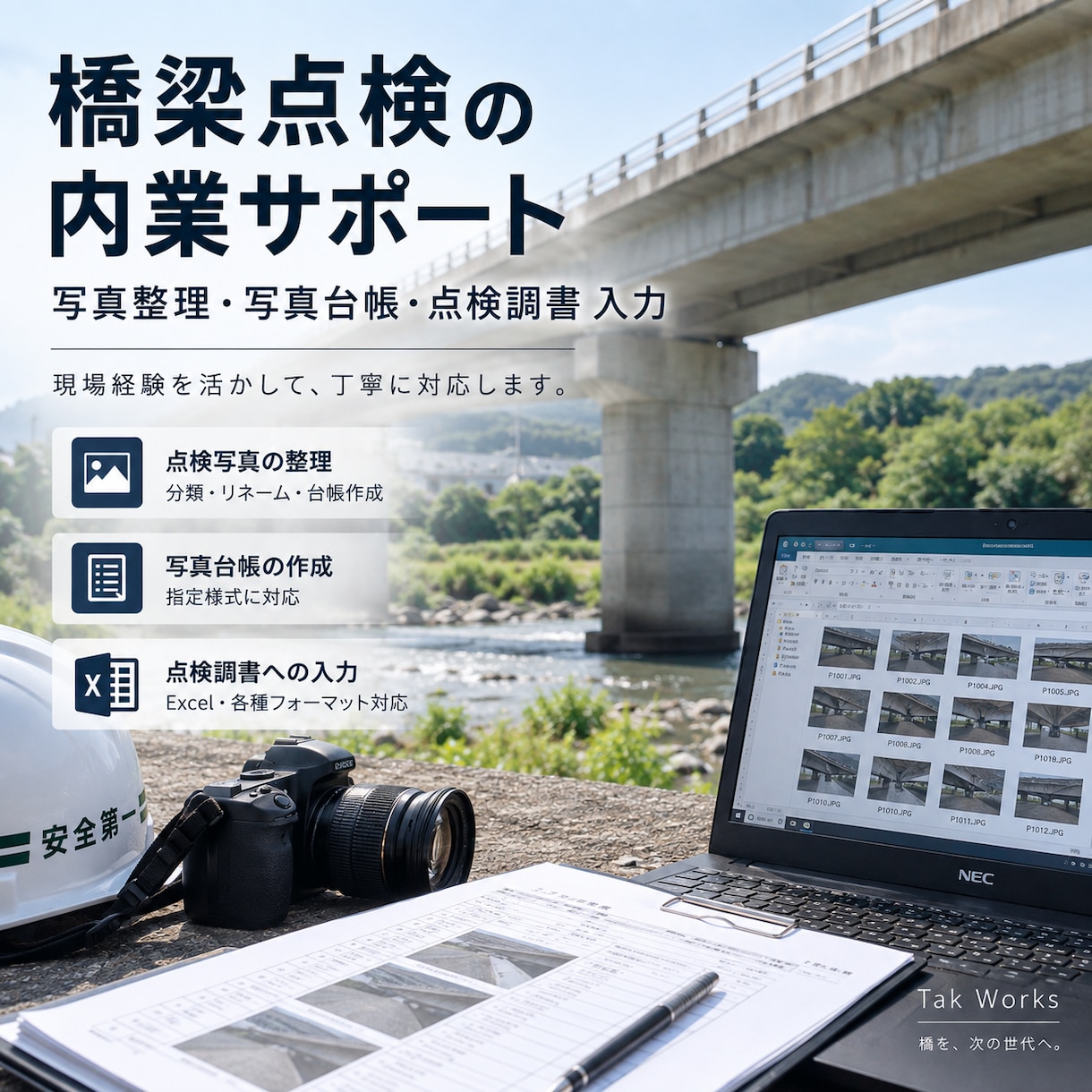 橋梁点検の調書・写真整理をお手伝いします 橋梁点検実務8年の経験を活かして内業をサポートします イメージ1