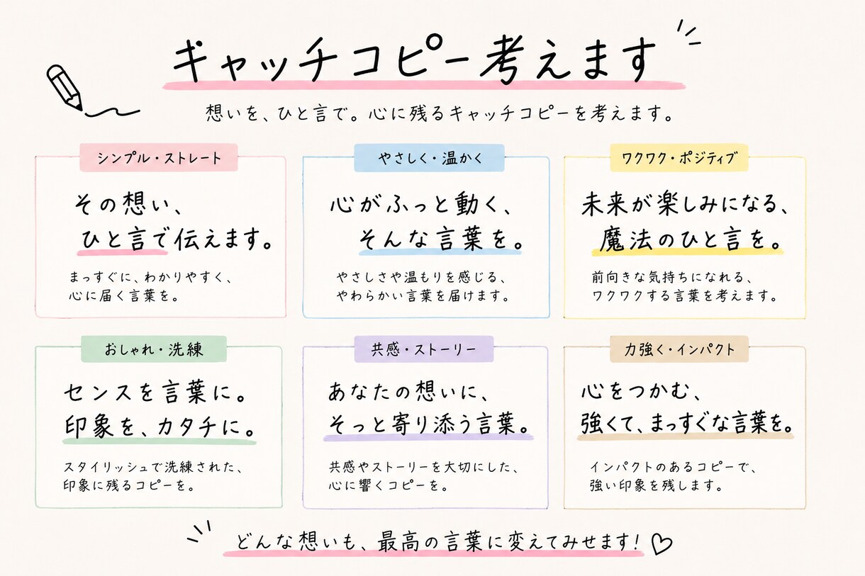 キャッチコピーを考えます 商品、広告が人の記憶に残るものに イメージ1