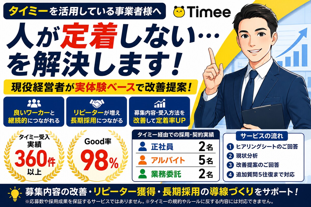 タイミー活用で人材確保を支援しますます 受入360件超・長期採用実績あり イメージ1