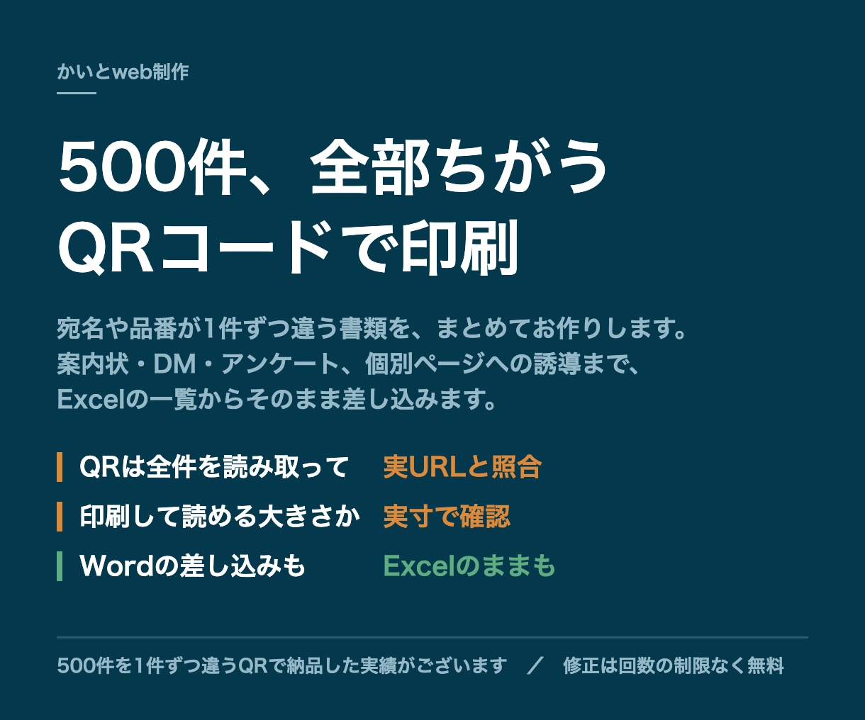 差し込み印刷と宛名ラベルをQRコード付きで作ります 500件を1件ずつ違うQRコードで納品した実績があります イメージ1