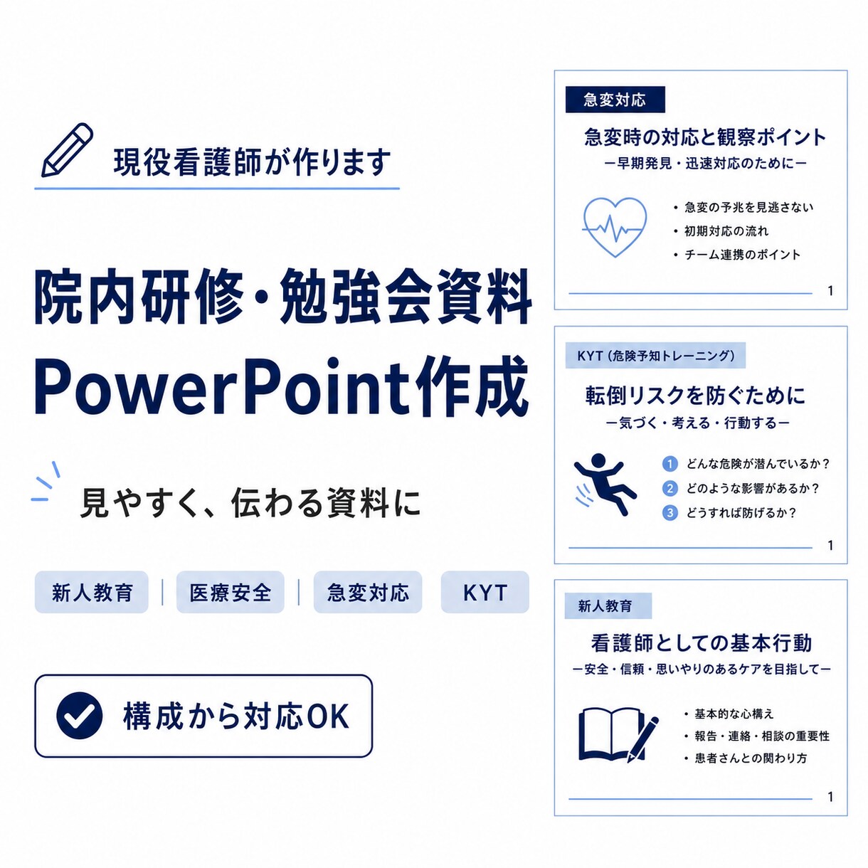 現役看護師が院内研修資料を作成します 院内研修・勉強会向けに、実践的で伝わる資料を作成します イメージ1