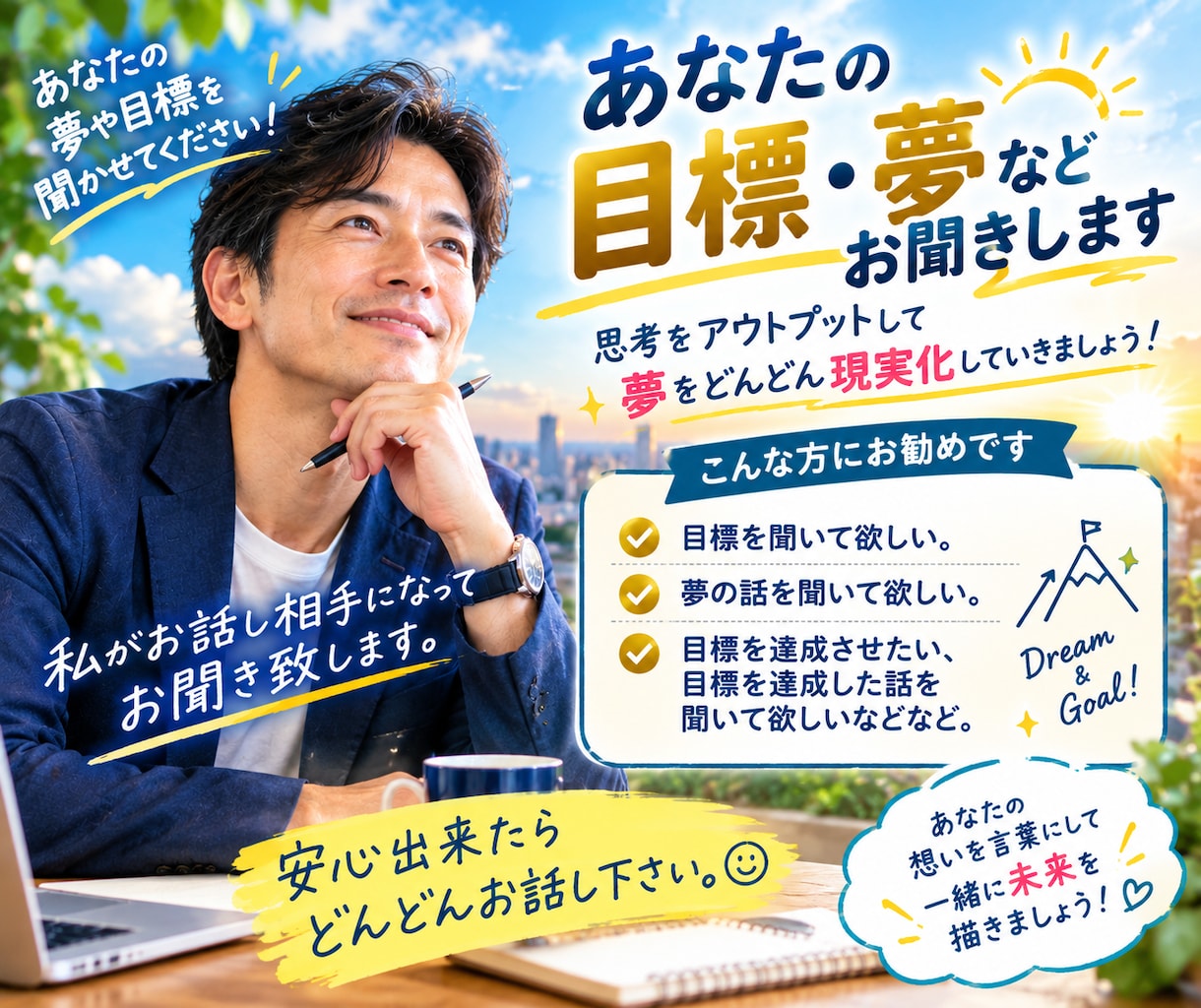あなたの目標・夢などお聞きします 思考をアウトプットして夢をどんどん現実化していきましょう！ イメージ1