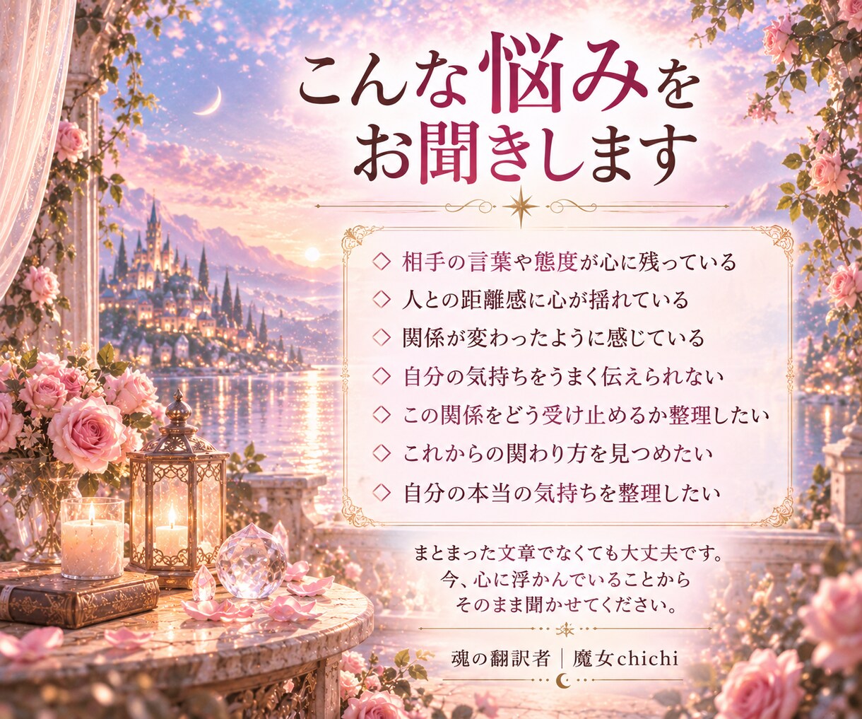 人間関係で揺れるあなたの心を丁寧に整理します 言葉や距離感に揺れる想いを受け取り、心に届く言葉へ イメージ3