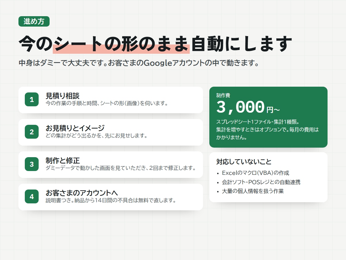 スプレッドシート集計をGAS・マクロで自動化します データ集計・転記を自動に｜エクセルからの移行もOK イメージ3