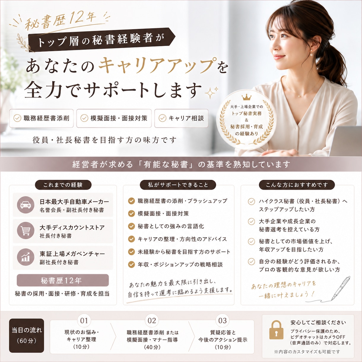 大手・ベンチャートップ秘書がキャリア面談します 実務12年のプロがハイクラス秘書の面接・書類対策を教えます イメージ1