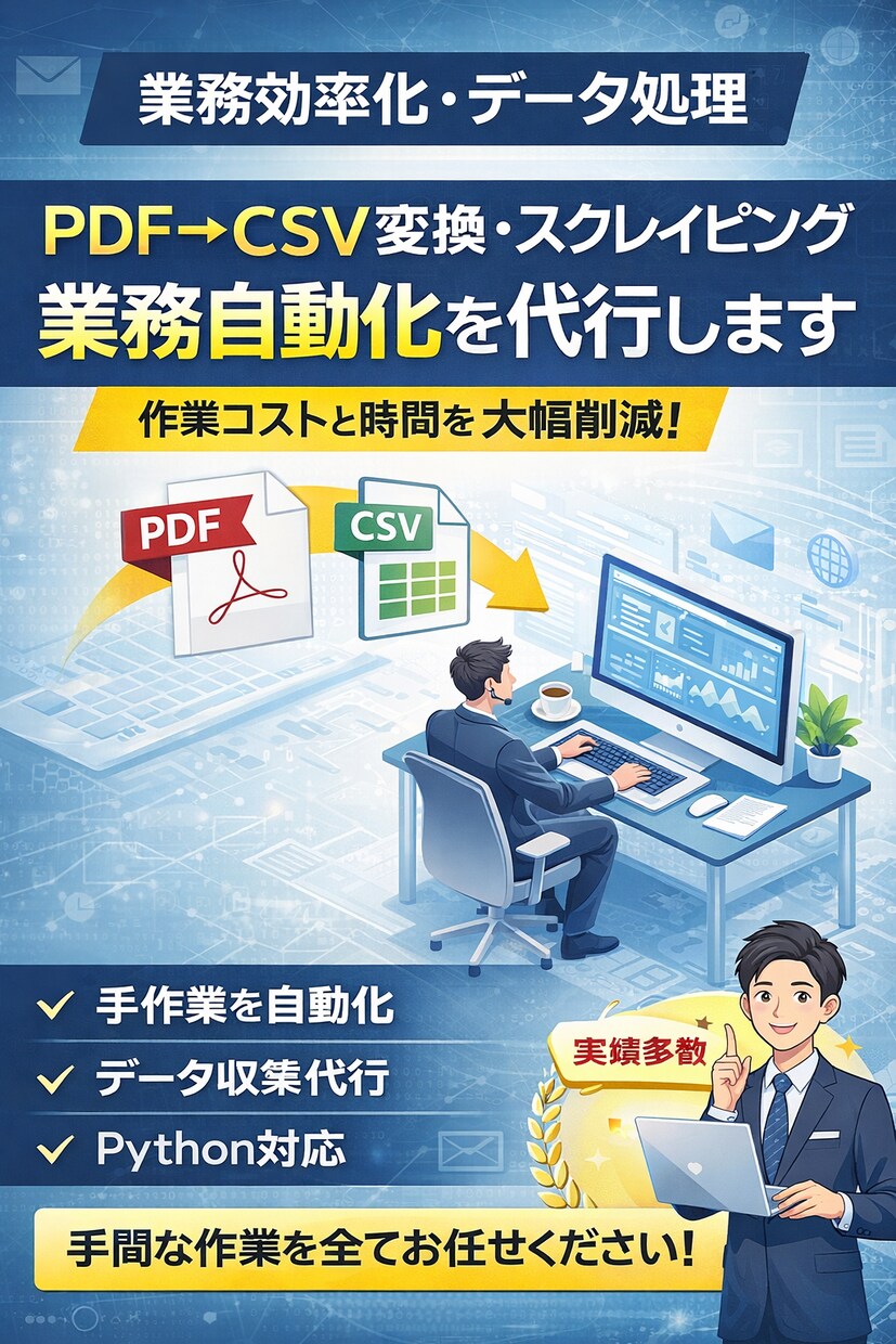 業務効率化 PDF→CSV変換・データ自動化します PDF→CSV変換・スクレイピング・業務自動化を代行します イメージ1