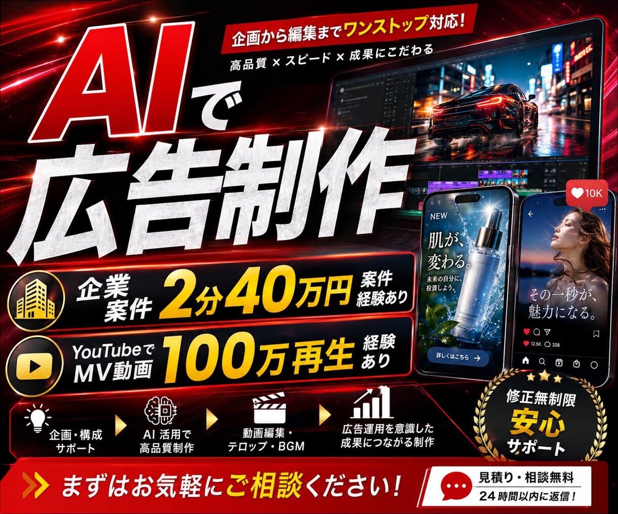 AIでスピード高クオリティでCM作成します 企業案件2分40万円案件経験あり イメージ1