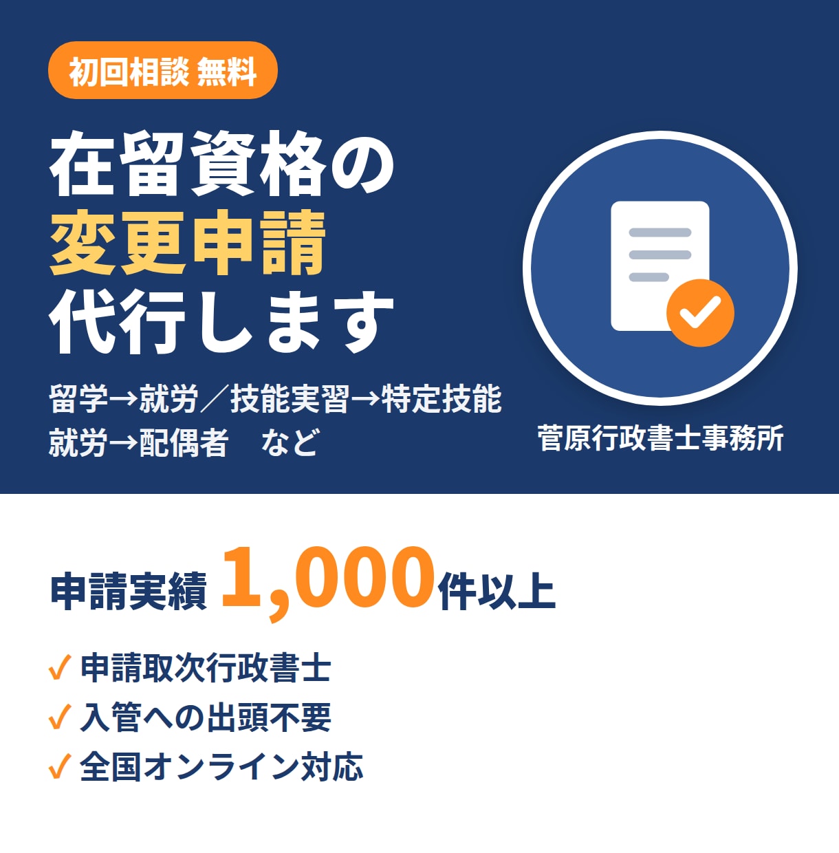 在留資格の変更申請、書類作成から申請まで代行します 実績1,000件以上の行政書士が対応します イメージ1