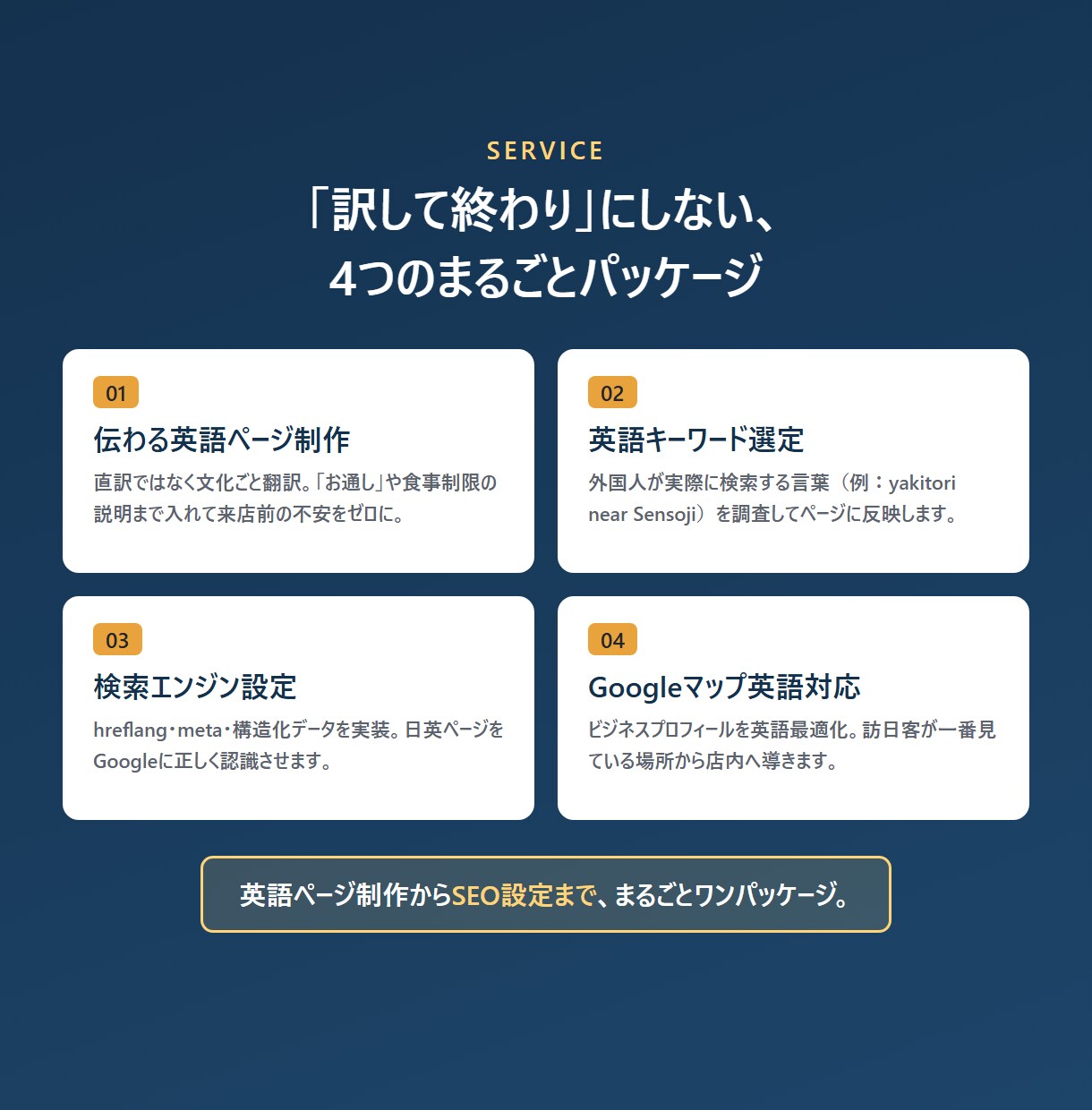 お店のHPを外国人客に伝わる英語にします 翻訳だけじゃない。海外から見つかる仕組みまで作ります イメージ3