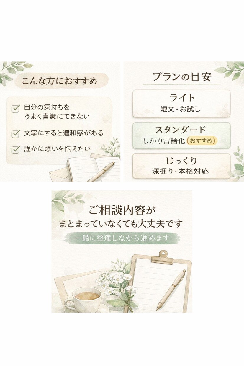 言葉にできない想いを貴方の言葉で整えます あなたの中にある想いを伝わる形にします。 イメージ2