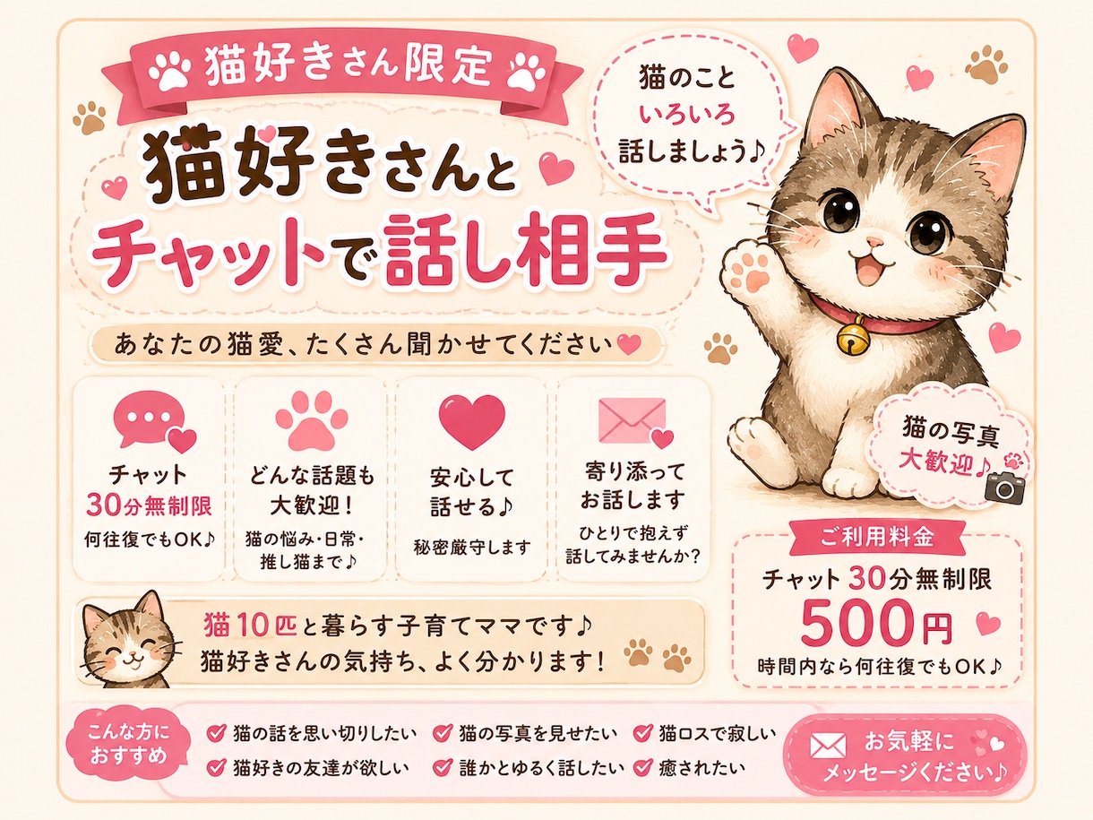 猫好きさん限定♪猫の話をしながら寄り添います 猫10匹と暮らすママが猫好きさんの話し相手に イメージ1