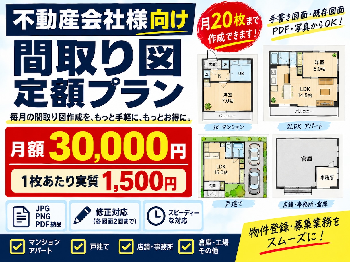 不動産会社向け間取り図を月２０枚作成します 月20枚まで定額3万円で間取り図を作成するお得なプラン！ イメージ1