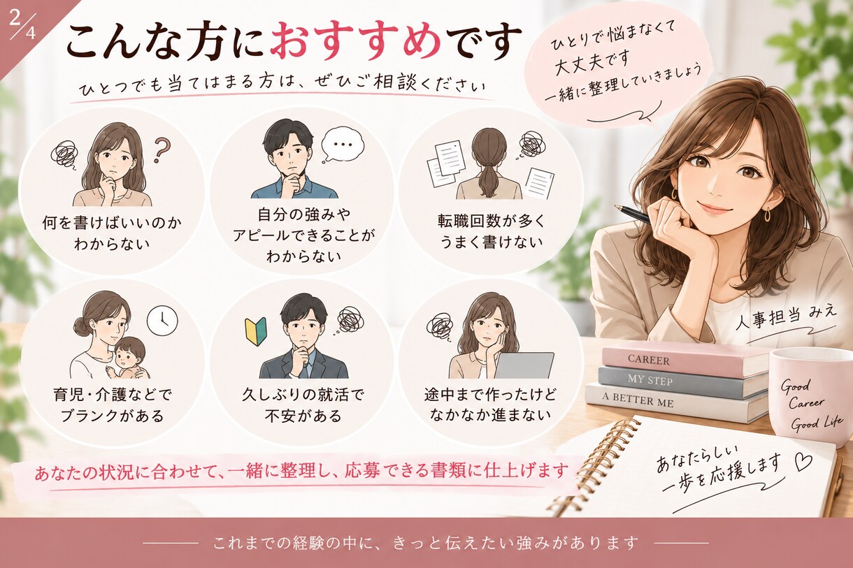 採用担当が履歴書・職務経歴書を一緒に仕上げます ヒアリングから完成まで｜AI任せにせず人の目で一緒に作ります イメージ4