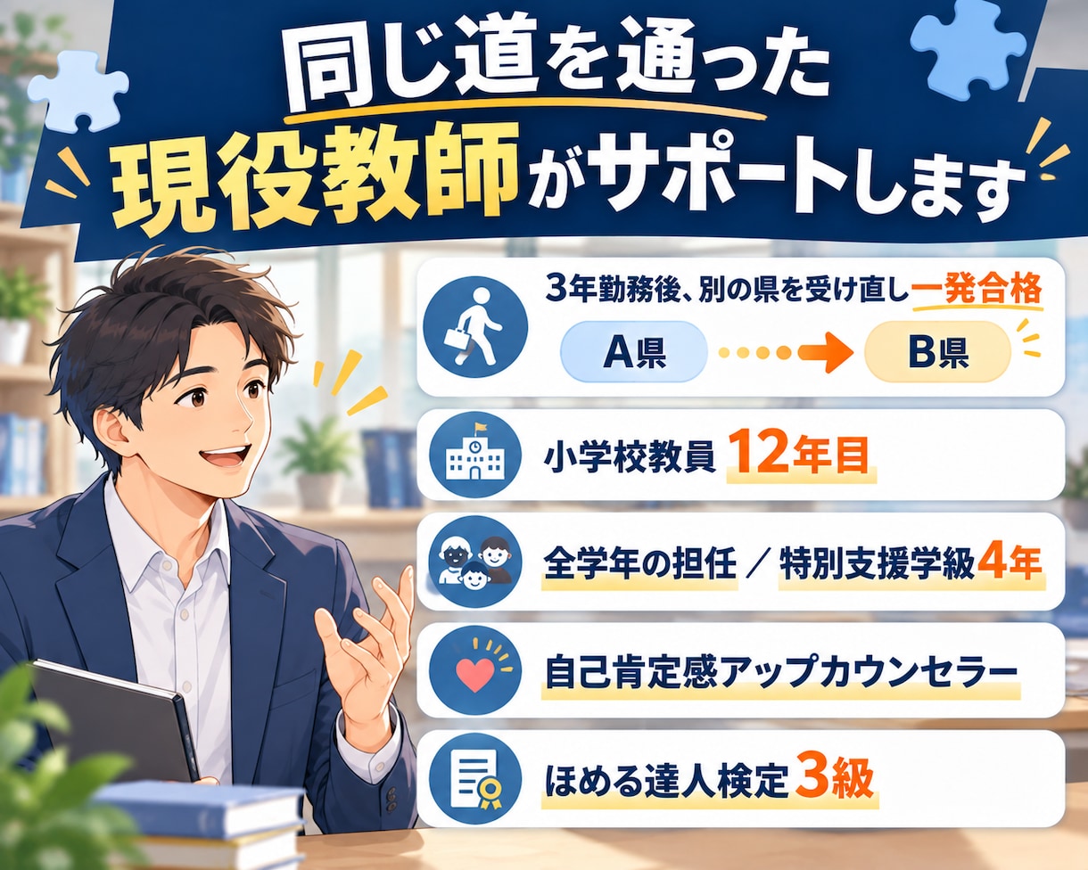 現職の受け直しに特化！教員採用試験面接対策をします 他県再受験に合格した現役教師が教採の不安を自信に変える60分 イメージ3