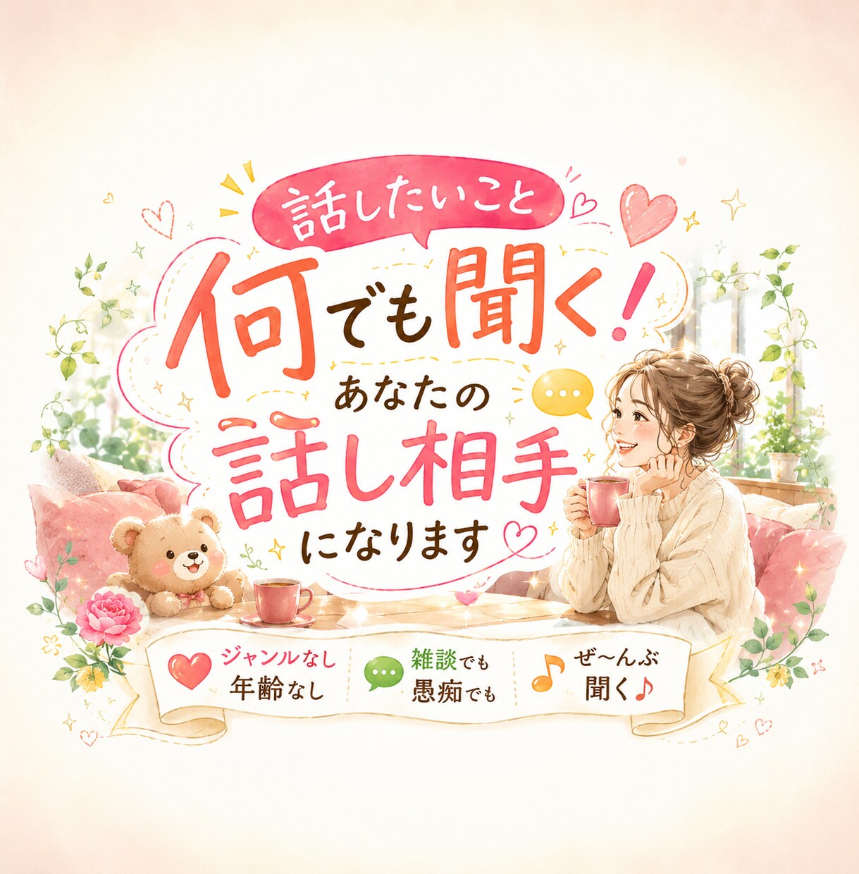 話したいこと何でも聞く！あなたの話し相手になります ジャンルなし年齢なし／雑談でも愚痴でも／ぜ～んぶ聞く♪ イメージ1