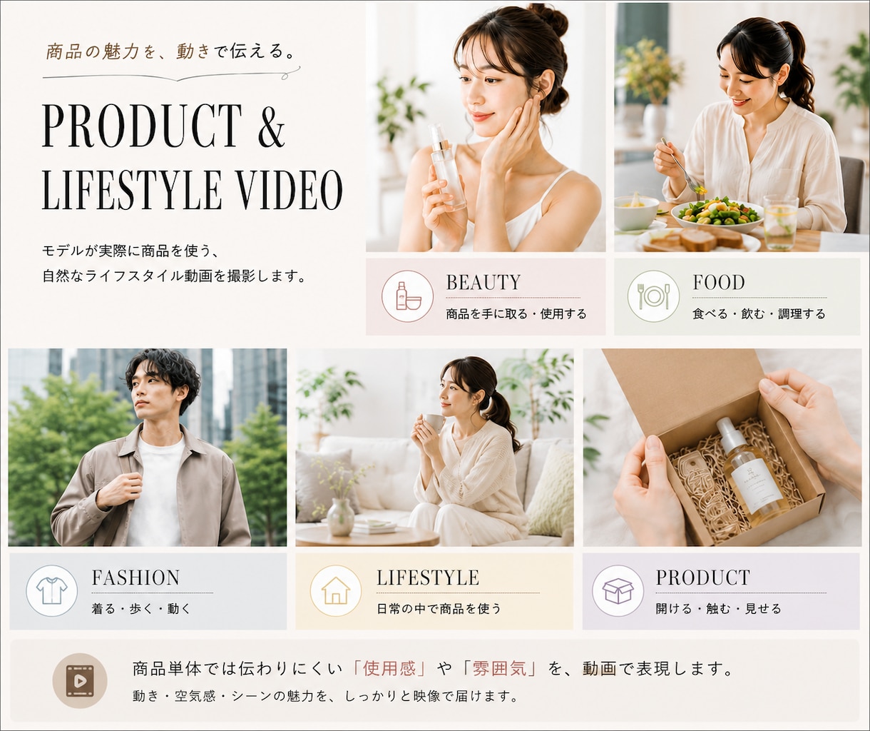 モデル×商品で魅力を伝える動画を撮影します 女性・男性・キッズ・幅広い年代のモデルキャスティングに対応 イメージ4