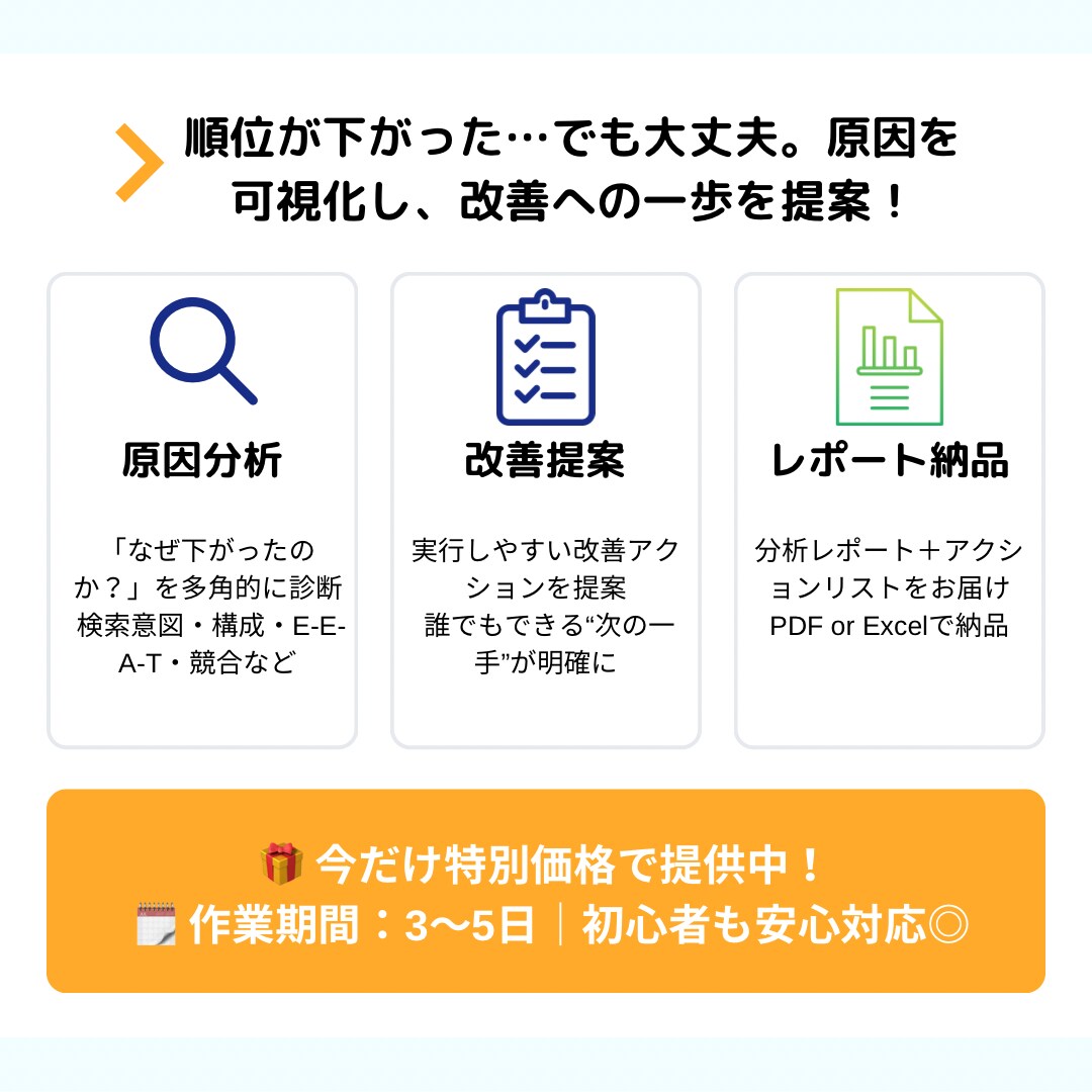 順位が下がった理由を調査・改善策を提案します 検索順位が落ちた…でも原因が不明？プロが診断し改善をご提案！ イメージ2