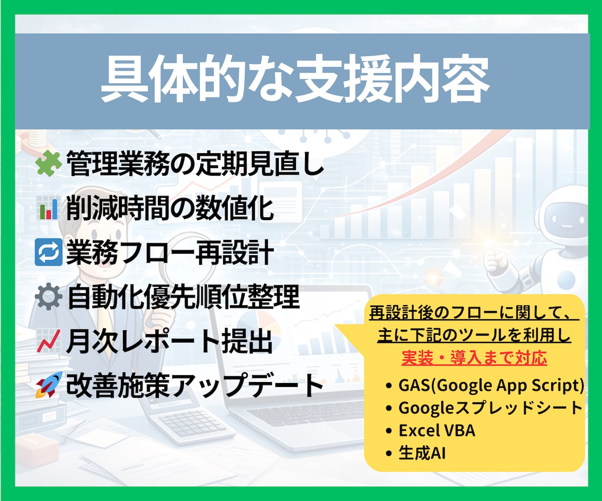 管理業務改善の伴走パートナーになります 管理業務をAIで継続改善する伴走支援サービス（月額5万円〜） イメージ2