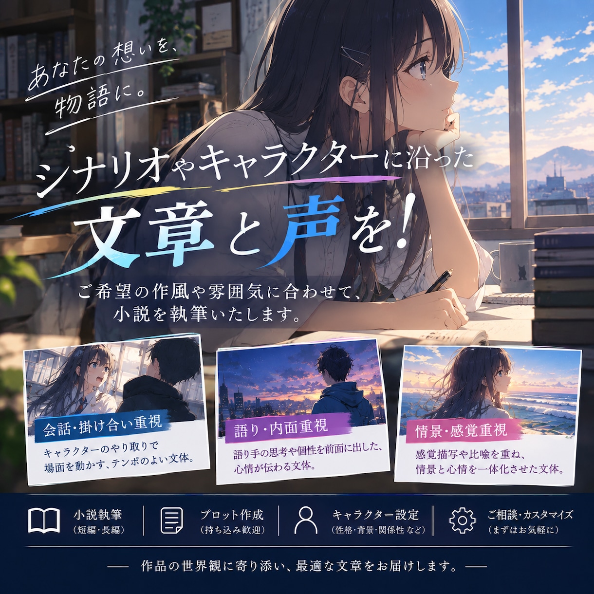 どんなジャンルでも最高のオチの小説を執筆できます シナリオやキャラクターに沿った文章と声を！ イメージ1