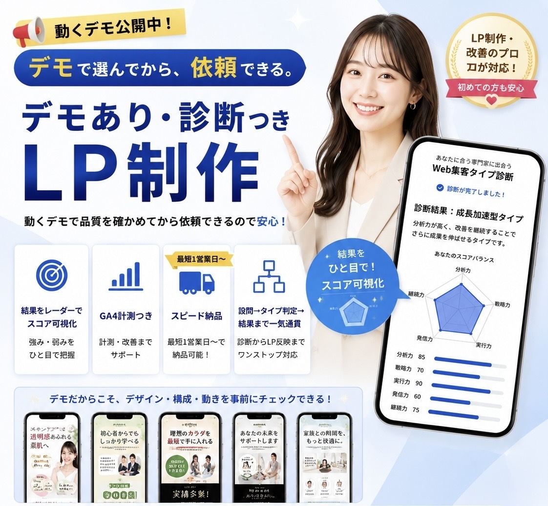 デモあり・診断つきLPをGA4計測つきで作ります 動くデモで品質を確かめてから依頼できます イメージ1