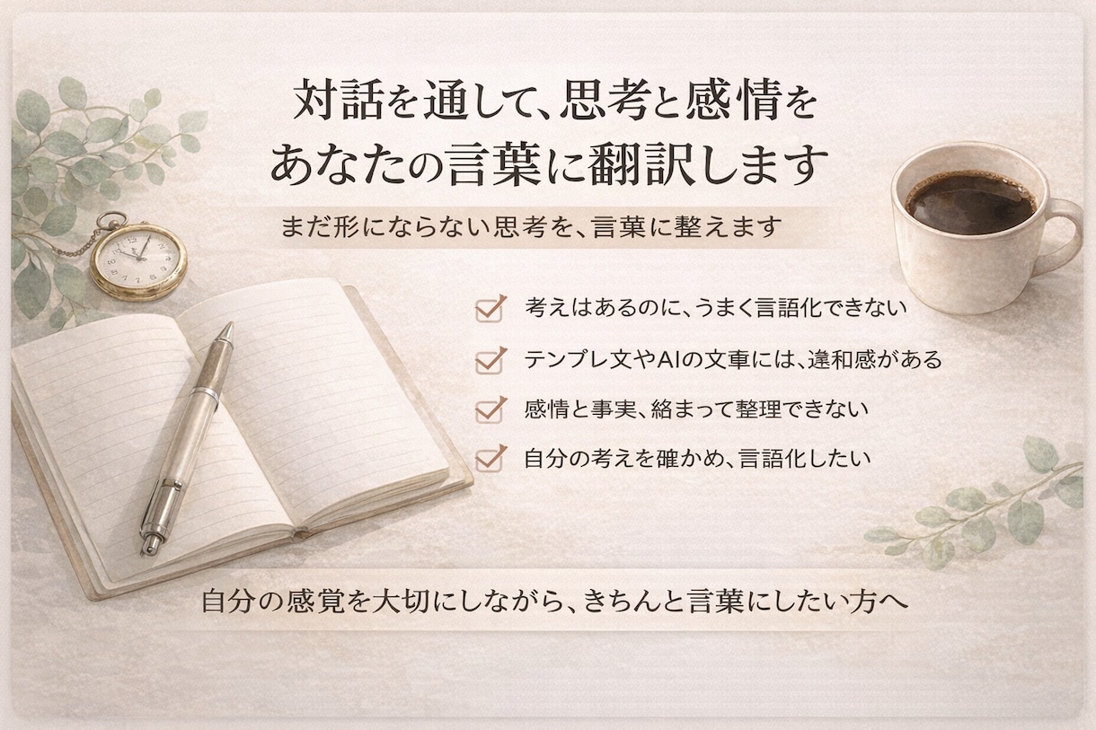 対話を通して、思考と感情をあなたの言葉に翻訳します まだ形にならない思考を、言葉に整えます。 イメージ1