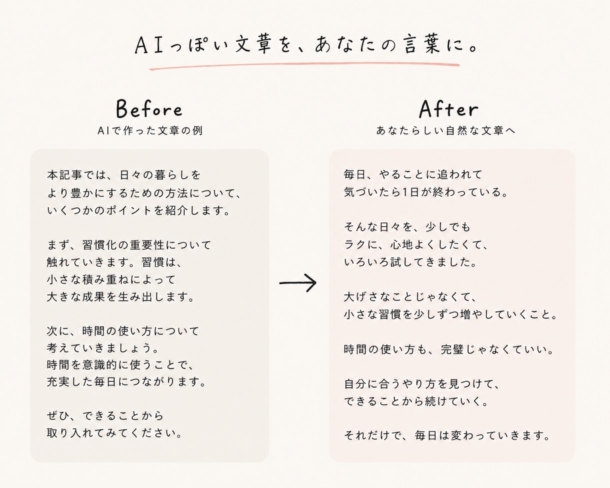 AIっぽい文章を自然な言葉に整えますます 「私が書いた感じ」に仕上げます イメージ2