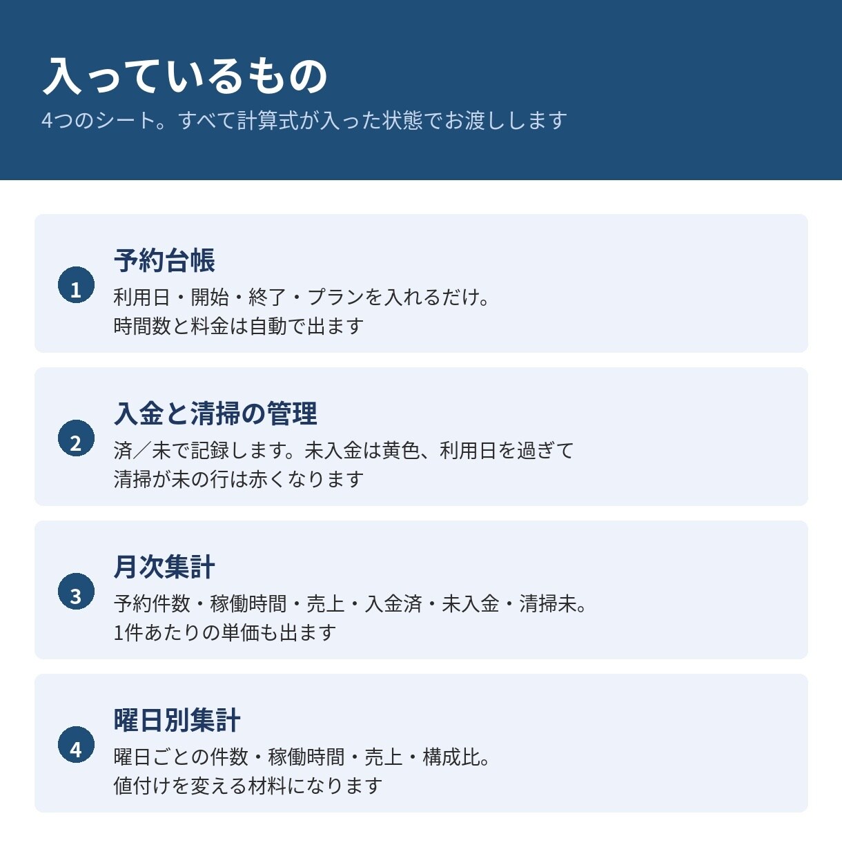 レンタルスペースの予約と売上を1枚で管理します 未入金と清掃忘れが、色で分かります イメージ5