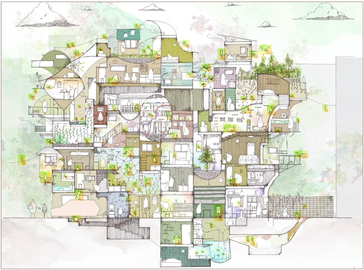手描きで住宅・建築パースを制作します 住宅内観パースからコンペ案、鳥瞰図や断面パースも表現します。 イメージ1