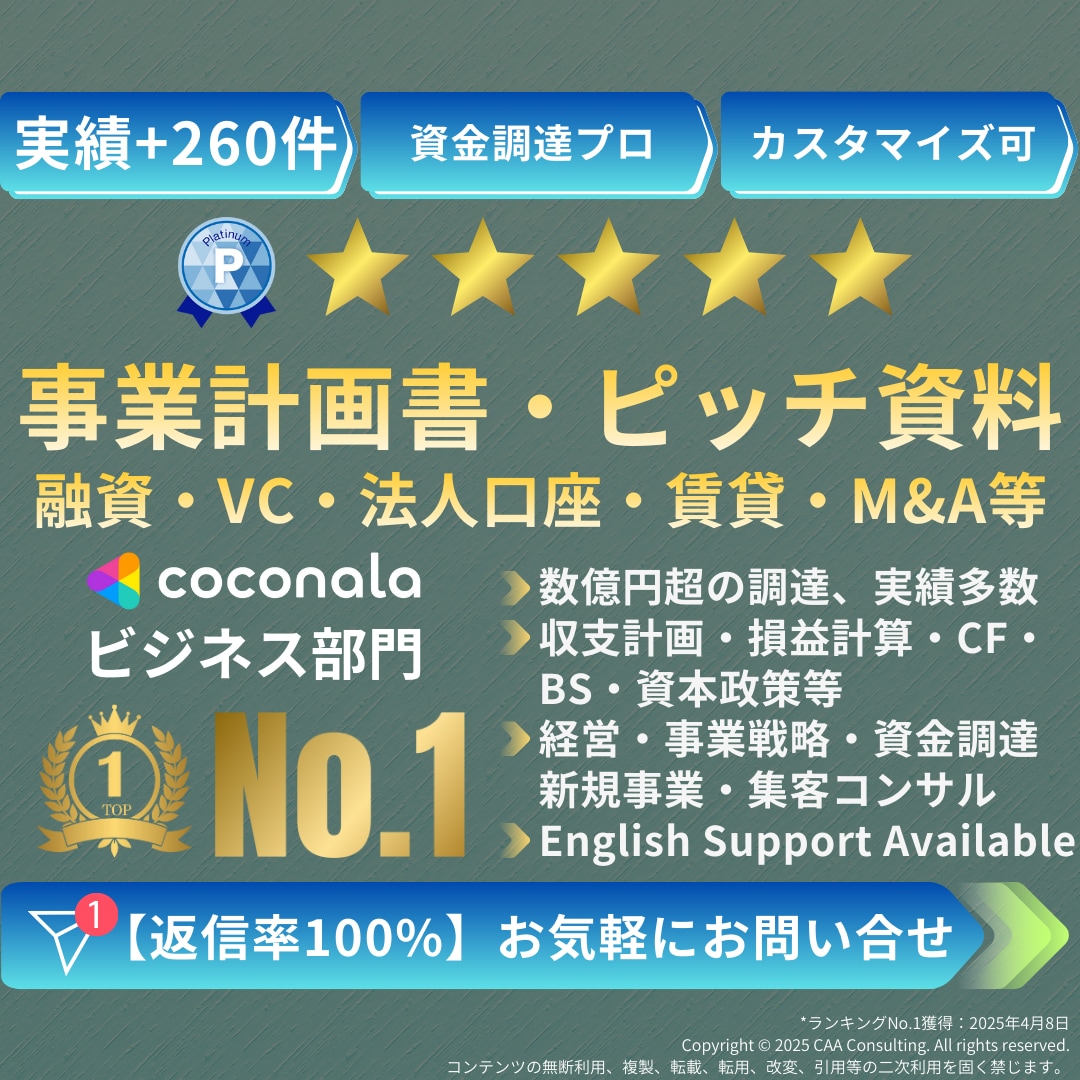 融資・VC|事業計画書・ピッチ資料作成・添削します 億円超の資金調達・実績多数 | 経営11年のプロがサポート イメージ1