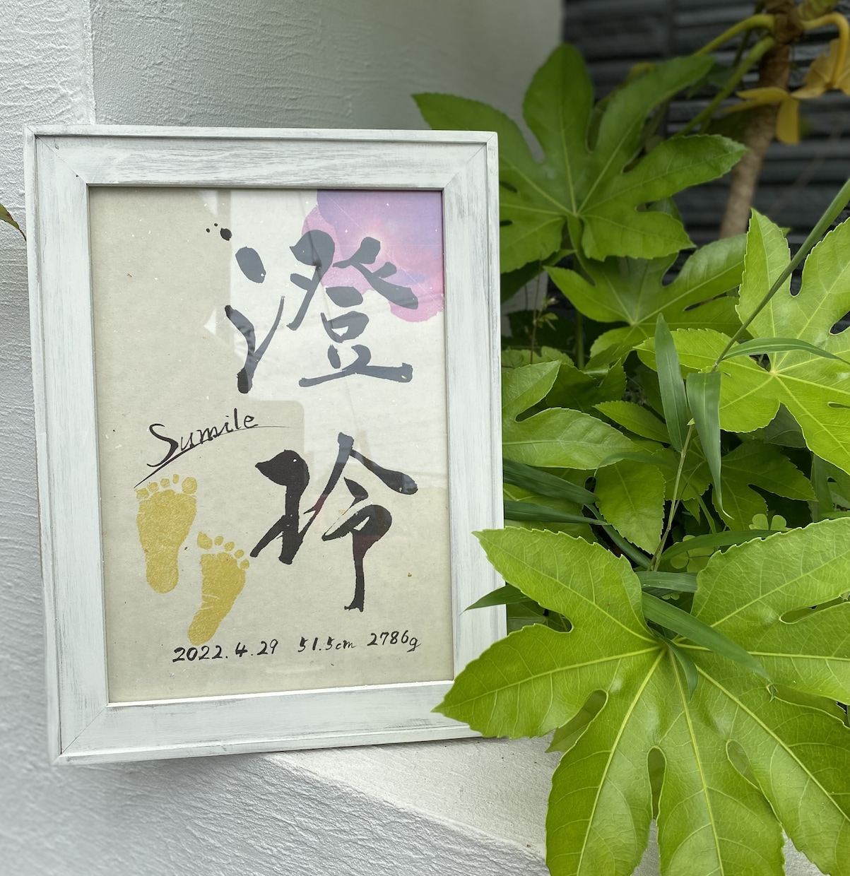 書道家がお洒落なインテリア命名書を作成します お名前+生年月日+身長体重を筆文字、背景カラー＆足型挿入込み イメージ2