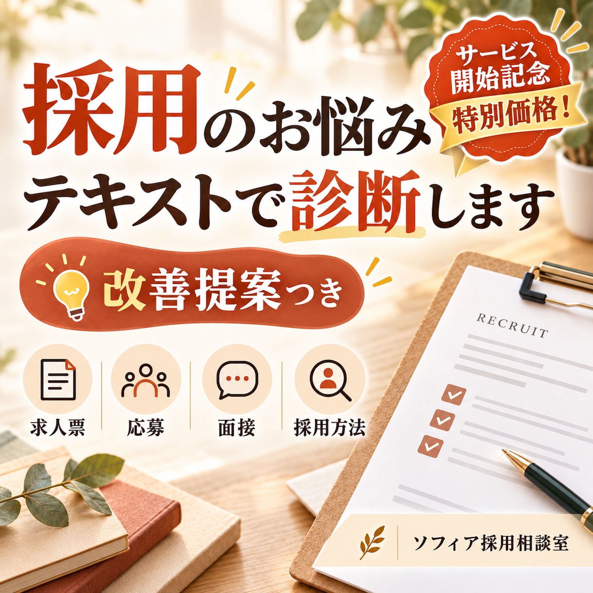 採用のお悩みをテキストで診断・改善提案します 求人・応募・面接などの改善ポイントをお伝えします イメージ1