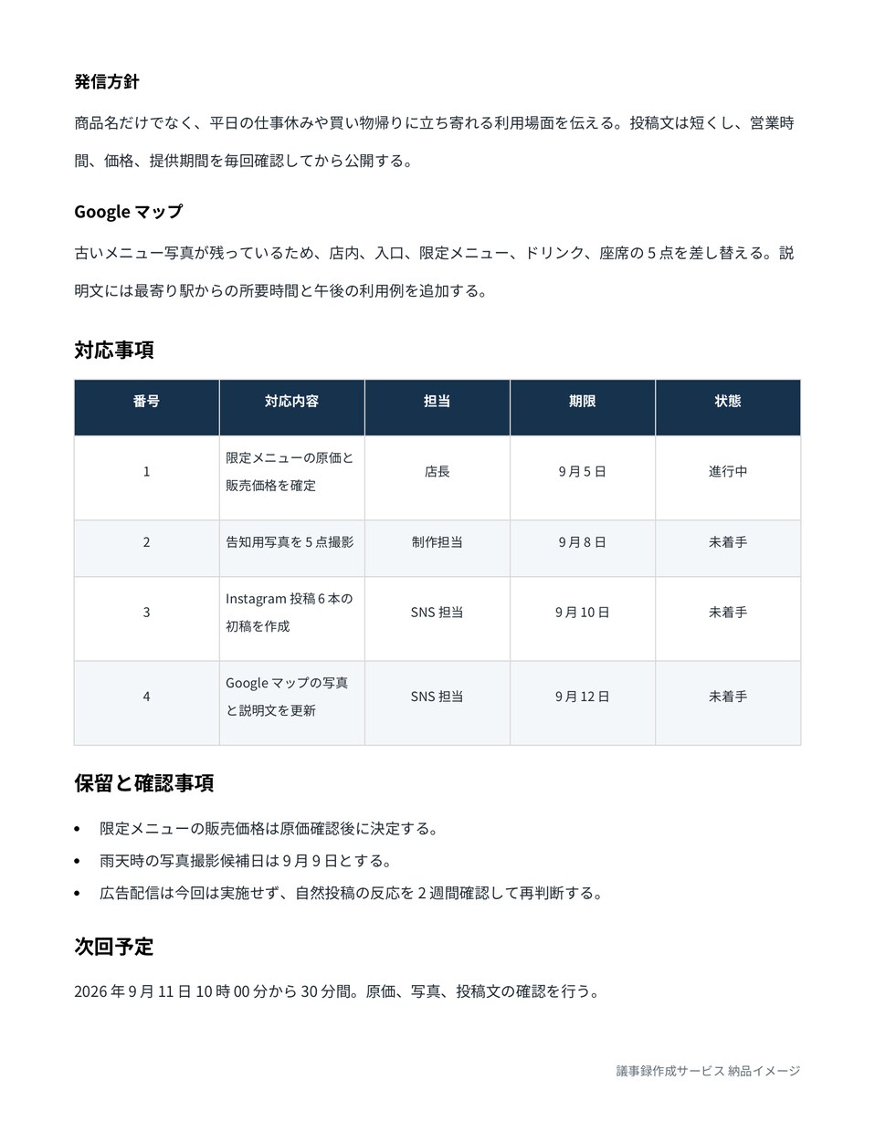 録音・動画から見やすい議事録を作成します 要点・決定事項・担当者・期限まで、共有しやすく整理 イメージ3