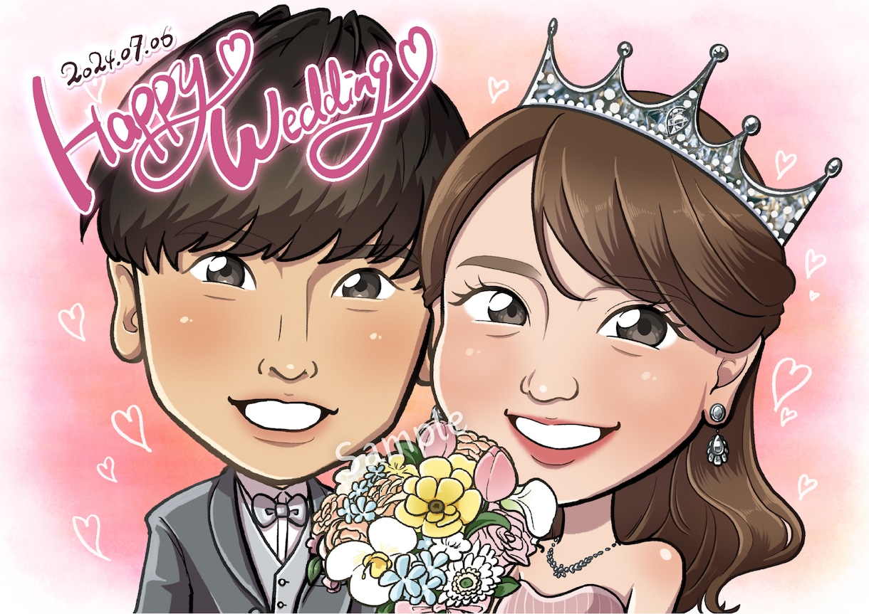 プレゼントに！2名様〜ポップな似顔絵お描きします 結婚式、誕生日、還暦、古希、喜寿、米寿、記念日のお祝いに♪ イメージ2