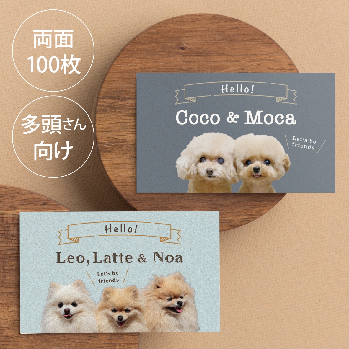多頭ペット写真名刺｜犬猫うちの子で名刺制作します スマホ撮影OK! 色と書体が選べるセミオーダー100枚送料込 イメージ1
