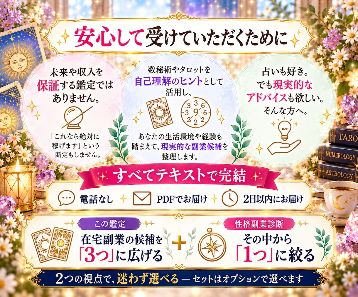 副業専門の仕事占い｜在宅副業3つを鑑定します 数秘術×タロット×副業経験｜あなたに合う副業と最初の一歩まで イメージ9