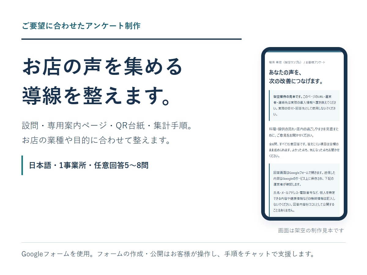 ご要望に合わせてアンケート設問を作ります 設問・案内ページ・QR台紙・集計手順をまとめて制作 イメージ1