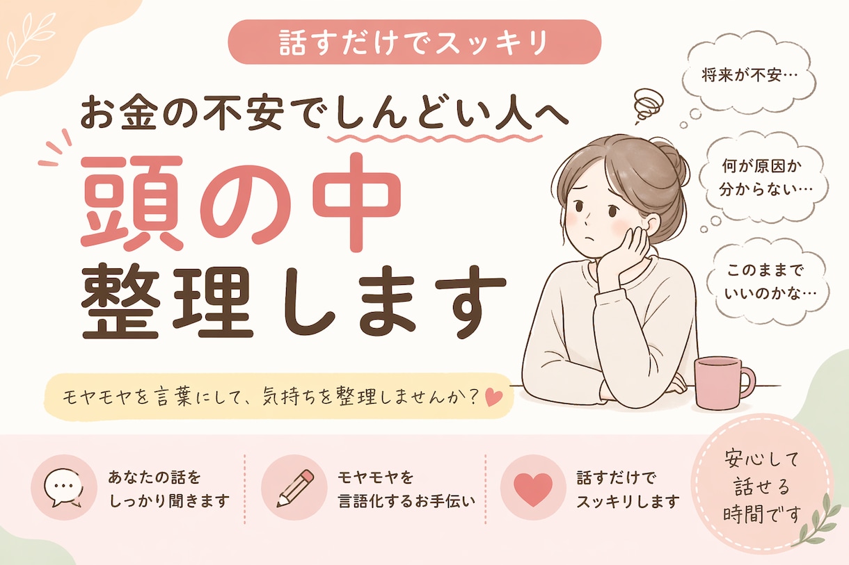 FPが聞く、お金と将来のモヤモヤ整理します あなたの考えを一緒に整理する時間にしたいと思っています。 イメージ1