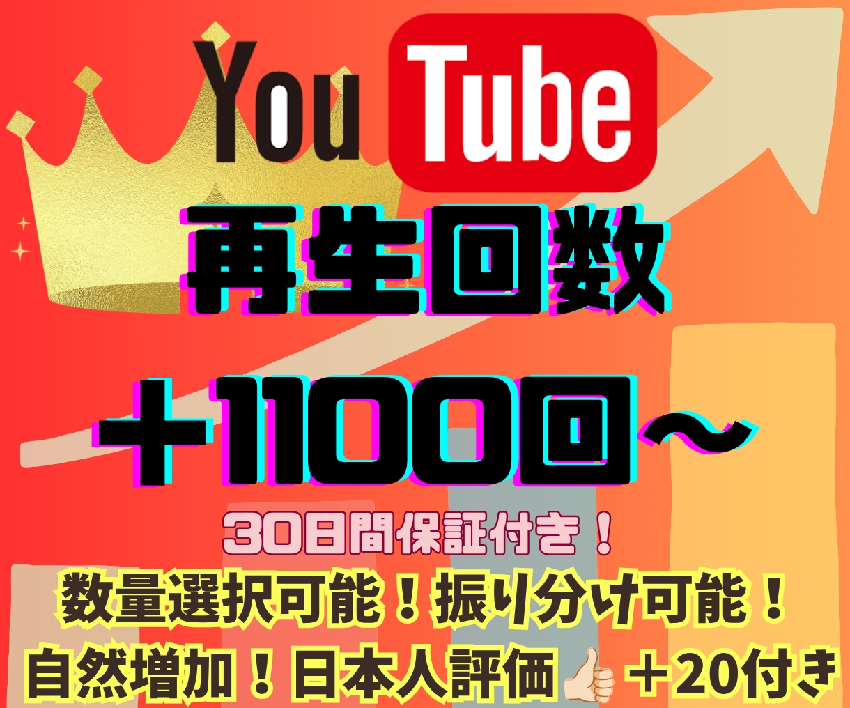 YouTube再生回数＋１１００回〜増やします 数量選択可能！振り分け可能◎格安◎日本人動画評価＋２０付き！ イメージ1