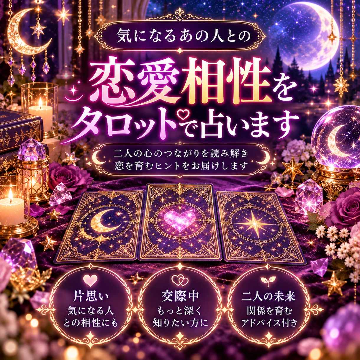 気になるあの人との恋愛相性をタロットで占います 二人の心のつながりを読み解き、恋を育むヒントを届けます イメージ1
