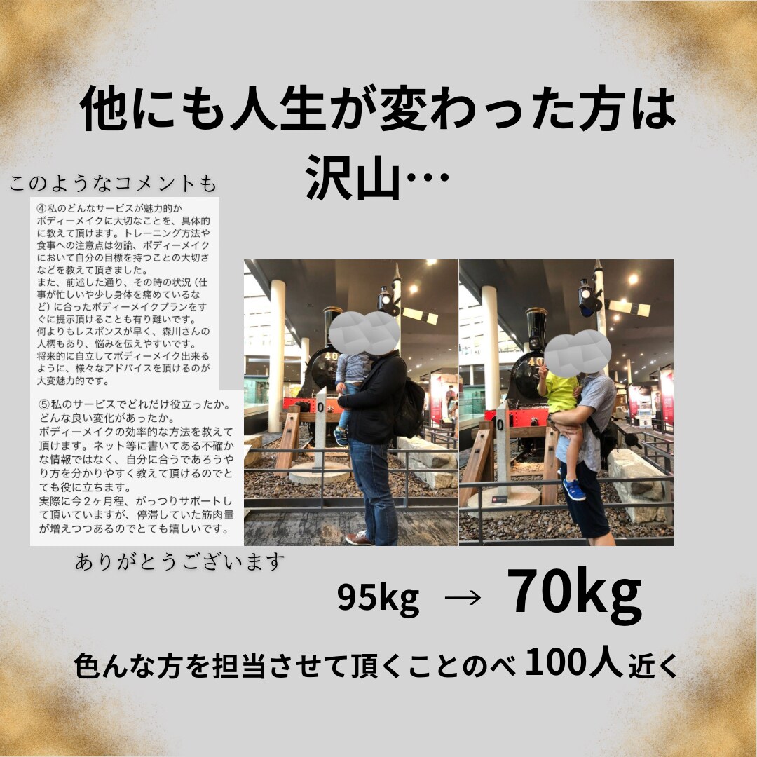 元某大手トレーナーが−〇〇kg落とすのを協力します 結果を手に入れましょう！！お食事と運動手厚くサポート イメージ3
