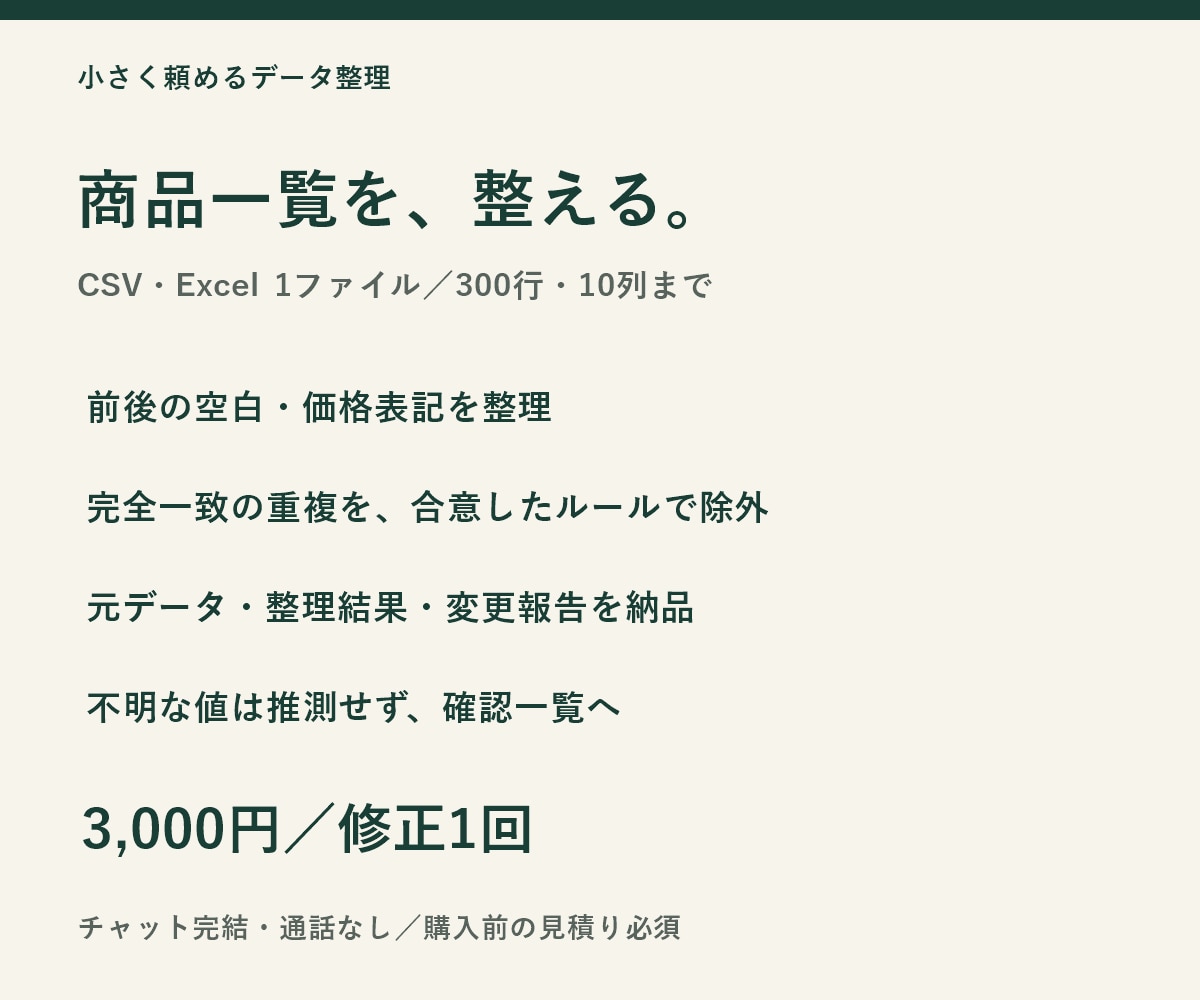 商品CSVの表記と重複を整理します 商品一覧の空白・価格表記をルールで整えます イメージ1