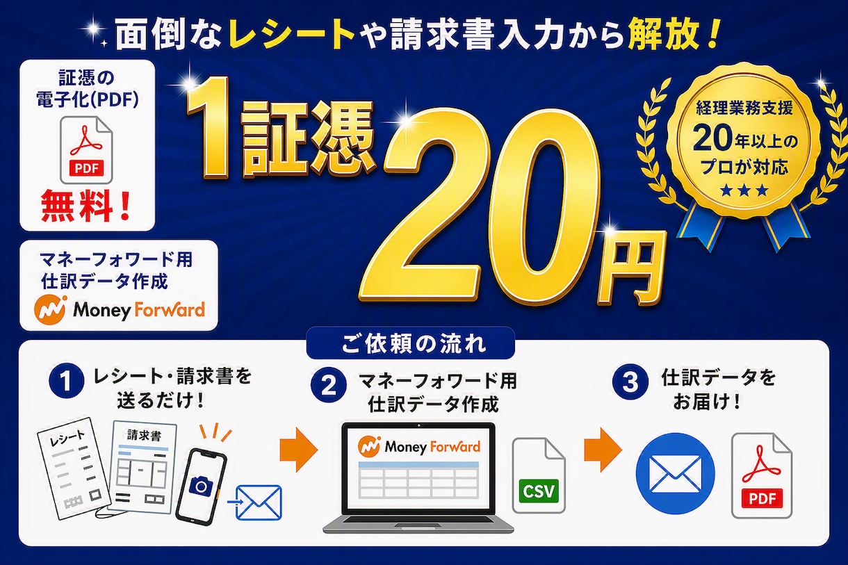 証憑を送るだけ！マネーフォワード用の仕訳作成します 丸投げOK！領収書・レシート・請求書を送付するだけ！ イメージ1