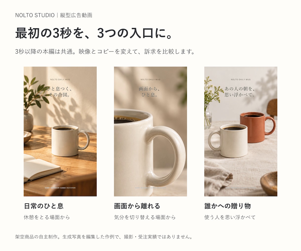 冒頭3案付きの縦型広告動画を制作します 本編共通・冒頭違いのMP4を3本。台本から制作 イメージ3
