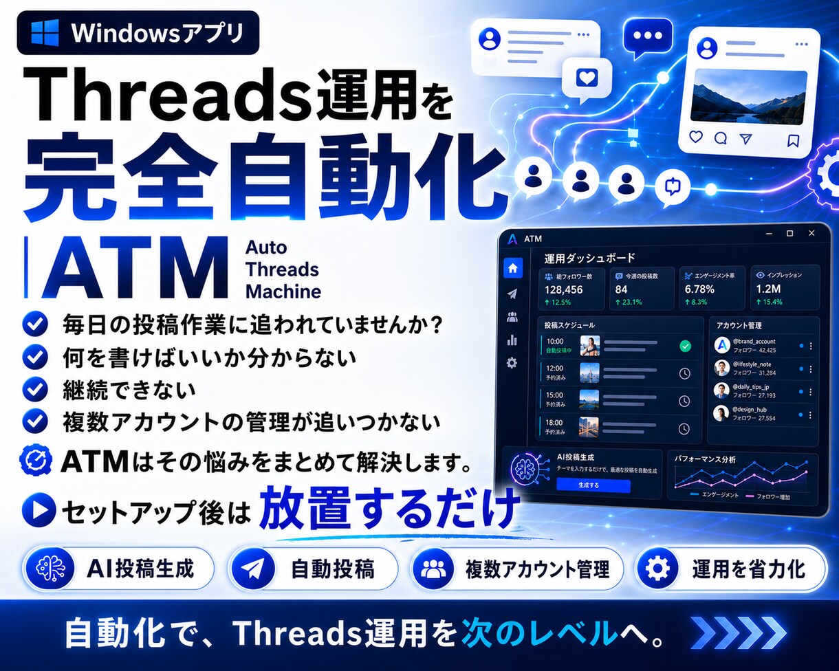 Threads全自動化ツールでSNS自動化します AIが投稿生成から自動投稿まで完全代行。寝てるだけでOK！ イメージ1