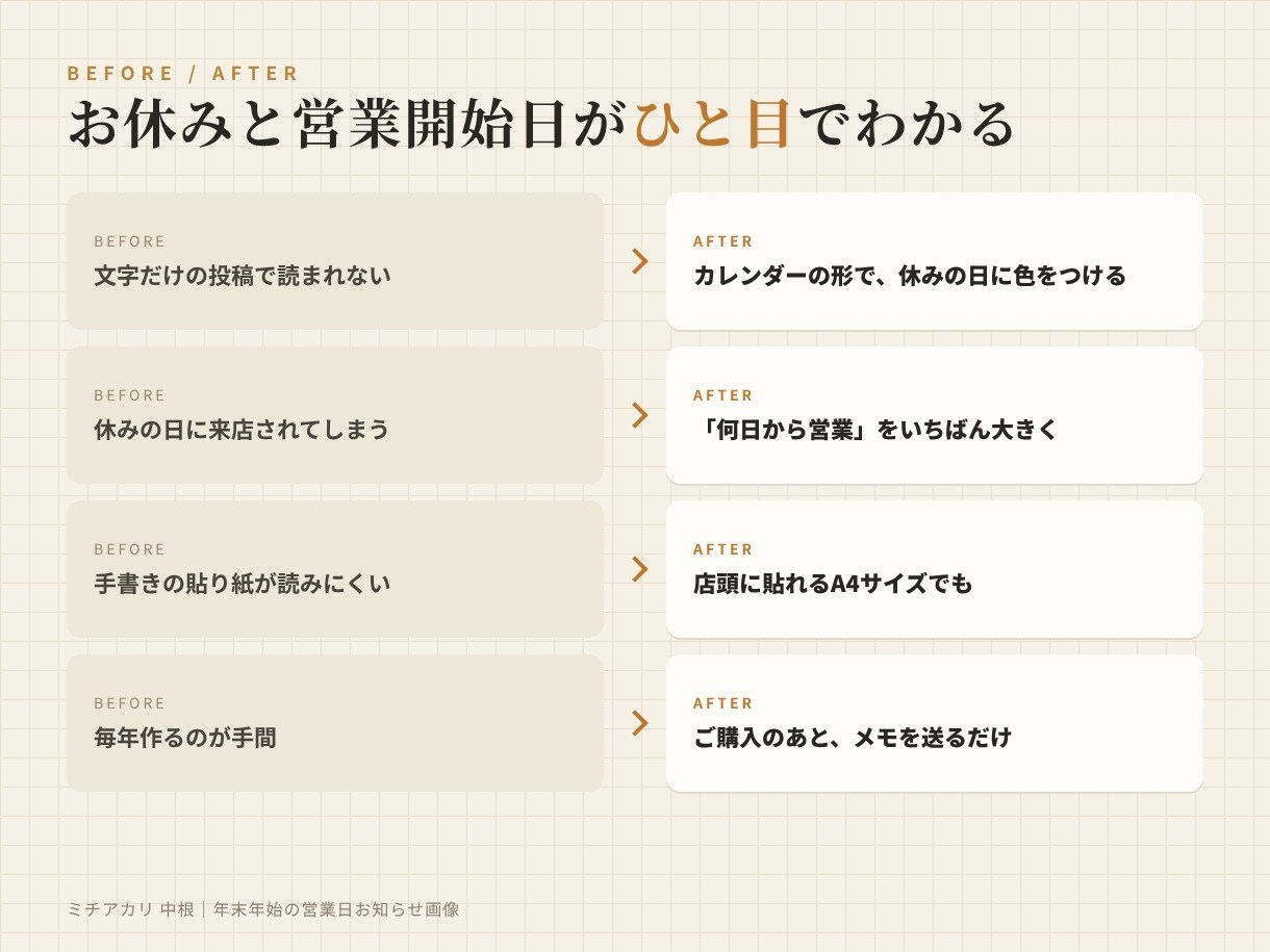 年末年始の営業日お知らせ画像を作ります 休みの日と年明けの開始日がひと目でわかる1枚に イメージ6