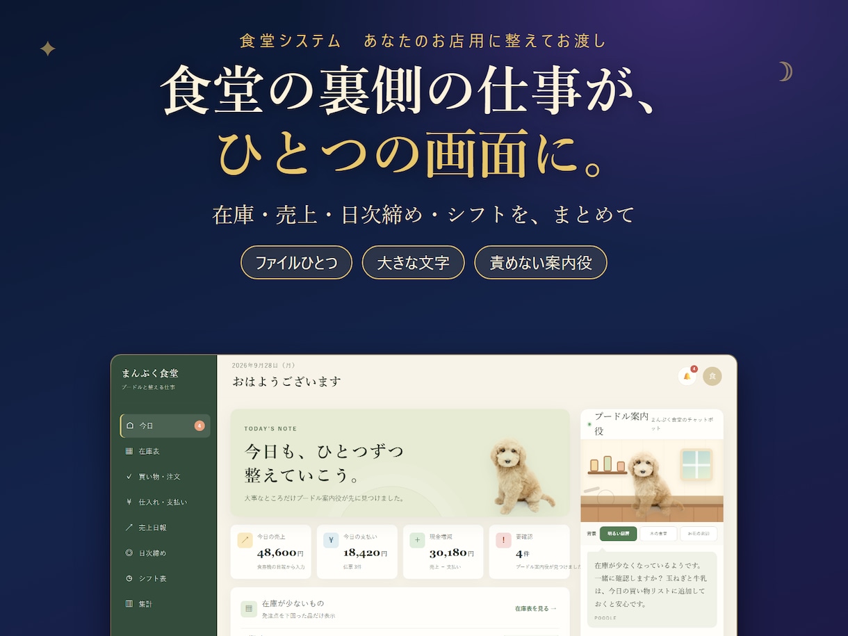 小さな食堂の裏側の仕事を、ひとつの画面にまとめます 在庫・売上・日次締め・シフトが、ひとつのメニューに イメージ1