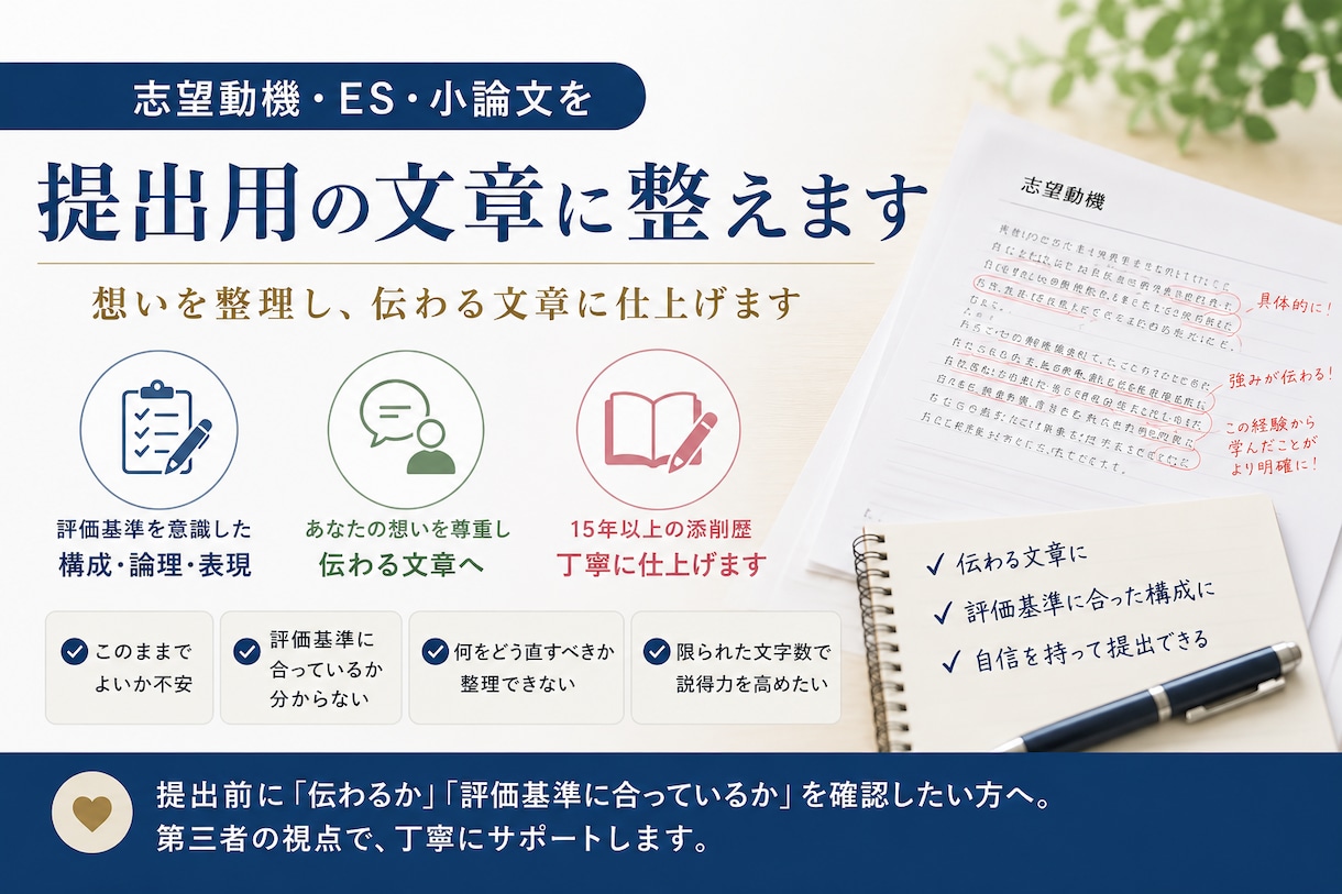 文章添削サービス｜ES・志望動機・小論文添削します 採点者に伝わり、評価される文章に仕上げます イメージ2